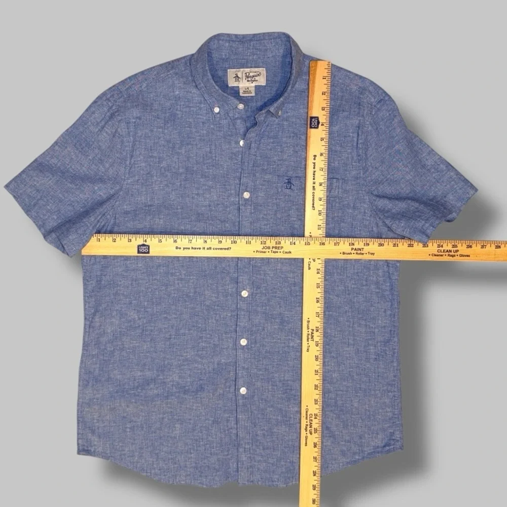 Original Penguin Linen Blend Button-Down Shirt Blue Chambray L Casual ResortWear - Picture 10 of 10